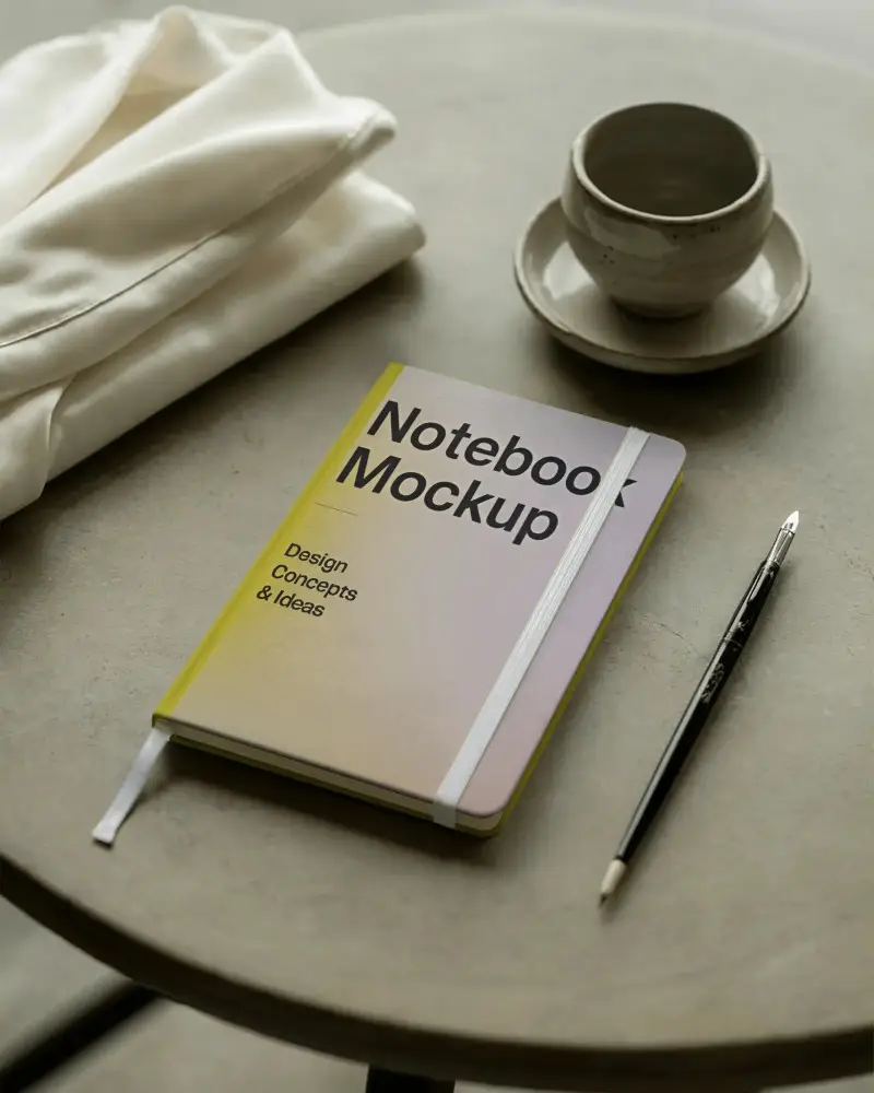Minimalistic Notebook Mockup With Elastic Band And Ribbon Marker On Textured Surface