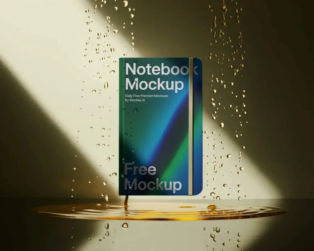 Waterproof Notebook Mockup With Falling Water Droplets And Reflective Surface For Branding