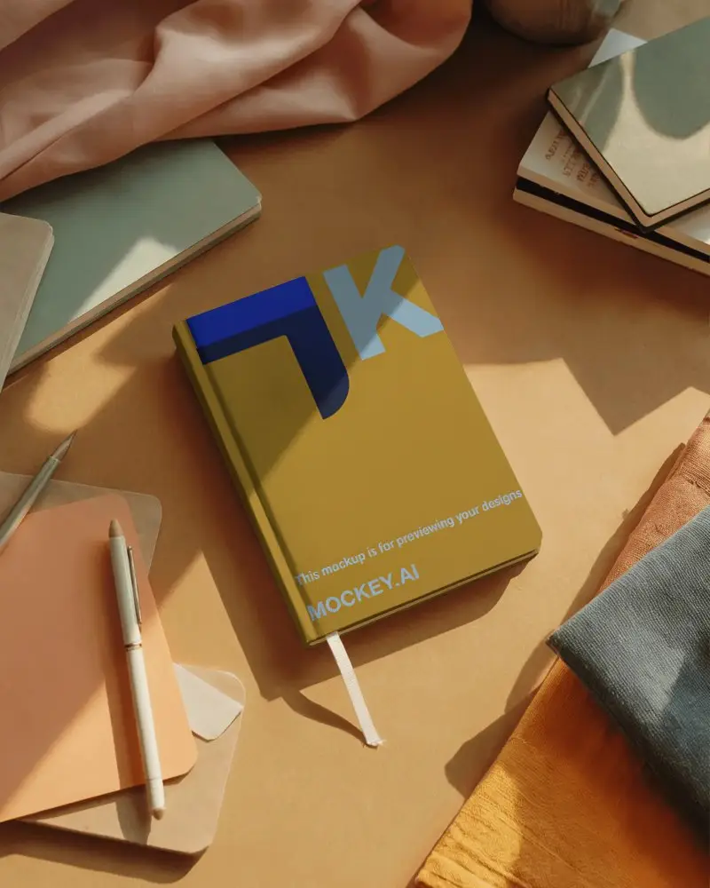 Notebook Mockup With Ribbon Marker Placed On Organized Workspace Background For Presentation