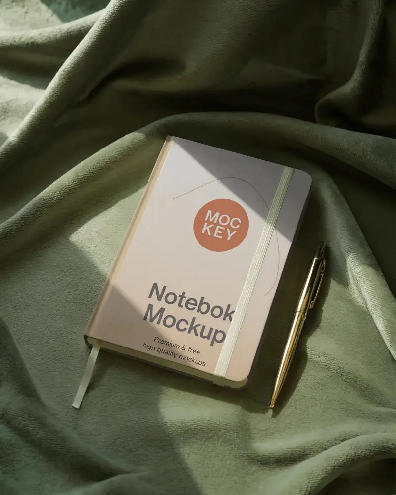 Premium Hardcover Notebook Mockup With Elastic Band And Classic Pen For Stylish Journaling