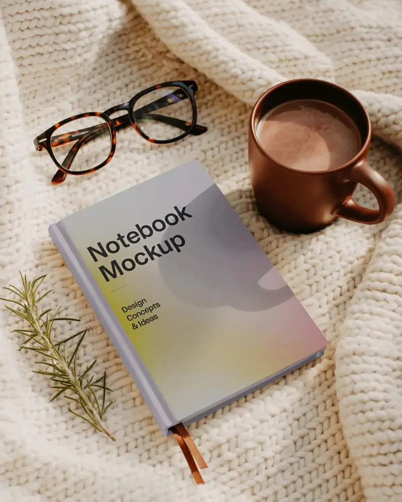 Cozy Winter Notebook Mockup With Warm Drink Glasses And Soft Knitted Blanket