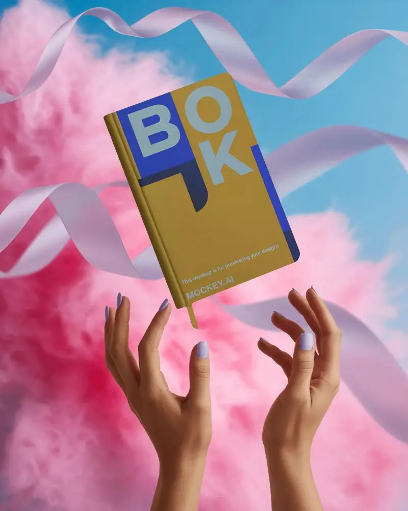 Floating Notebook Mockup With Soft Pink Clouds And Ribbon Details In Pastel Scene