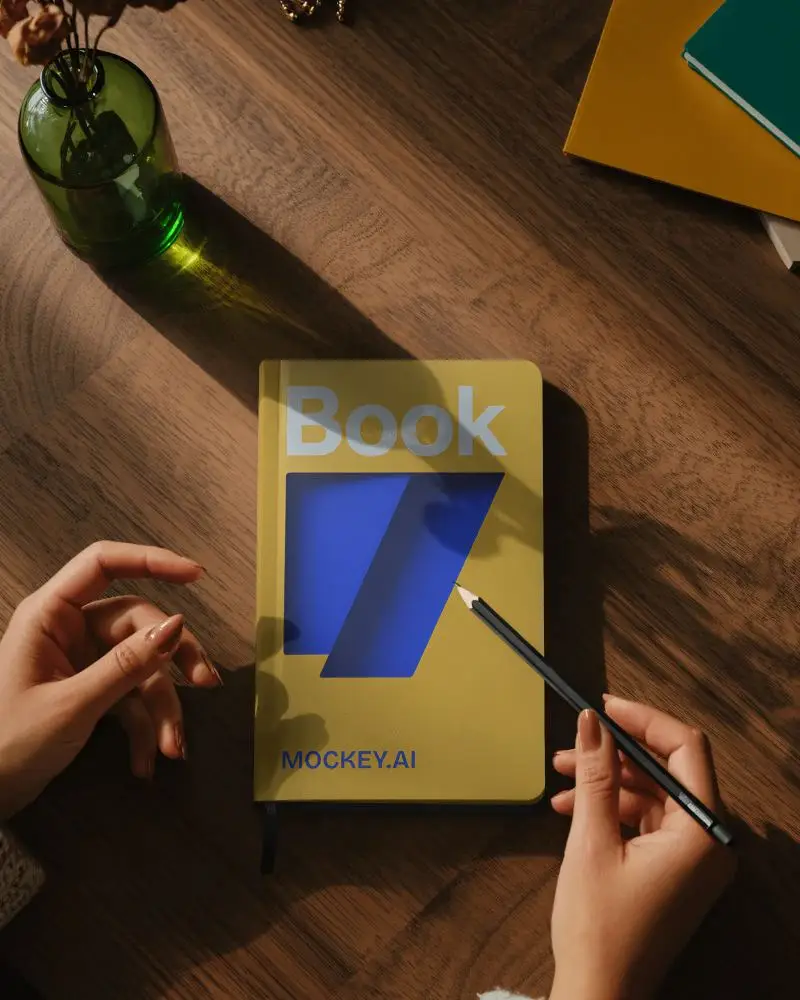 Creative Workspace Notebook Mockup With Pencil And Natural Light Shadows On Warm Wooden Desk