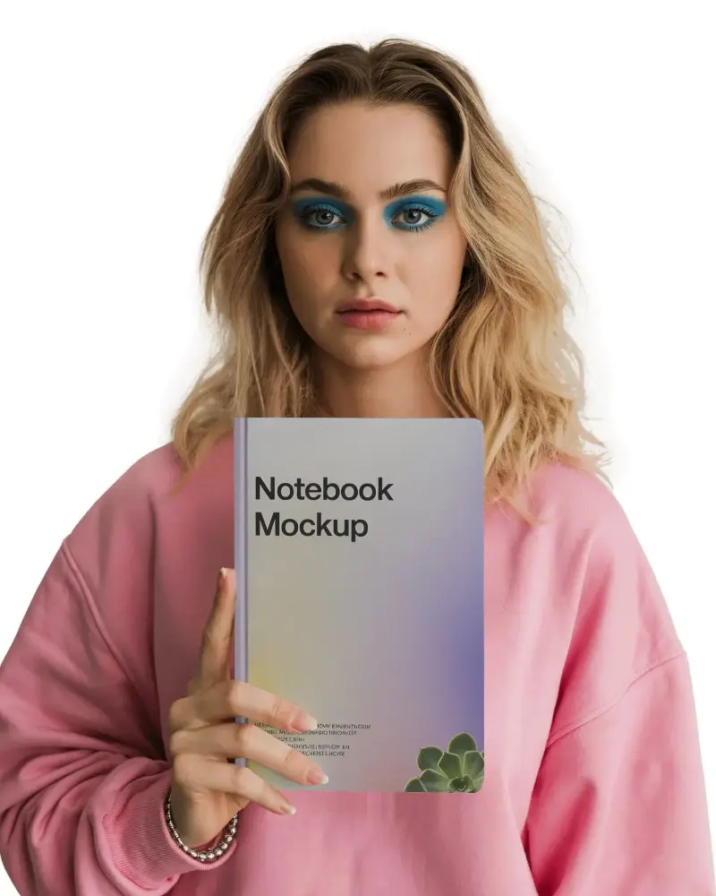 Modern Notebook Mockup Held By Model In Pink Sweatshirt With Clean Minimal Background
