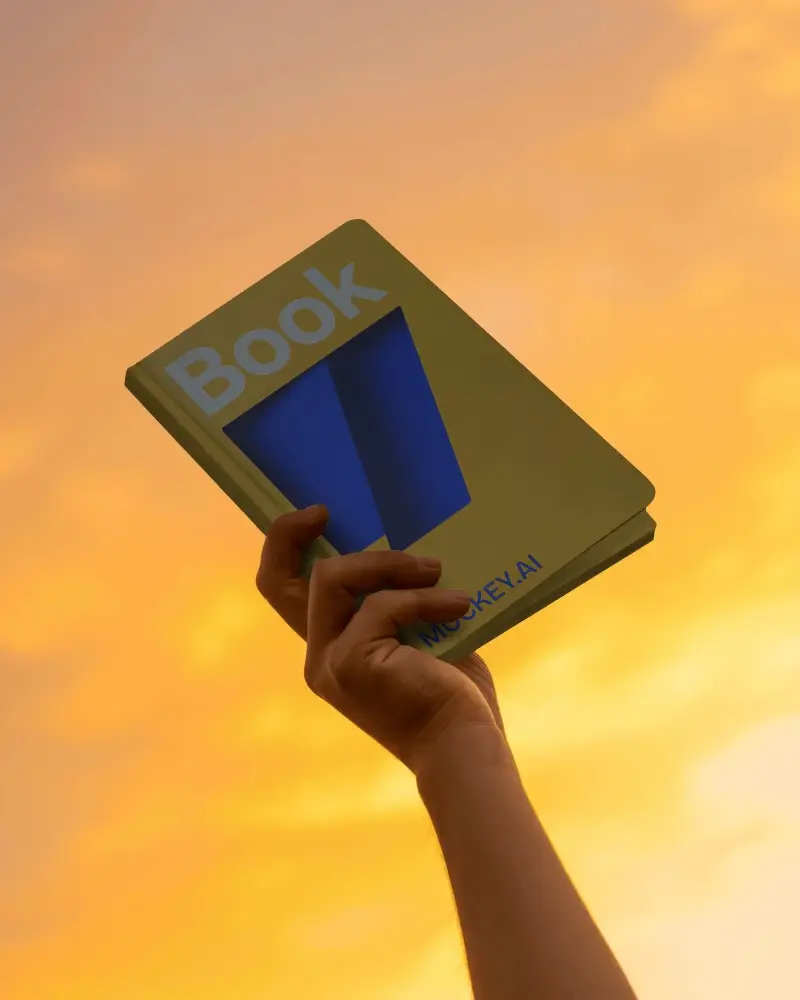 Glowing Sunset Notebook Mockup With Hand Raised Toward Warm Evening Light