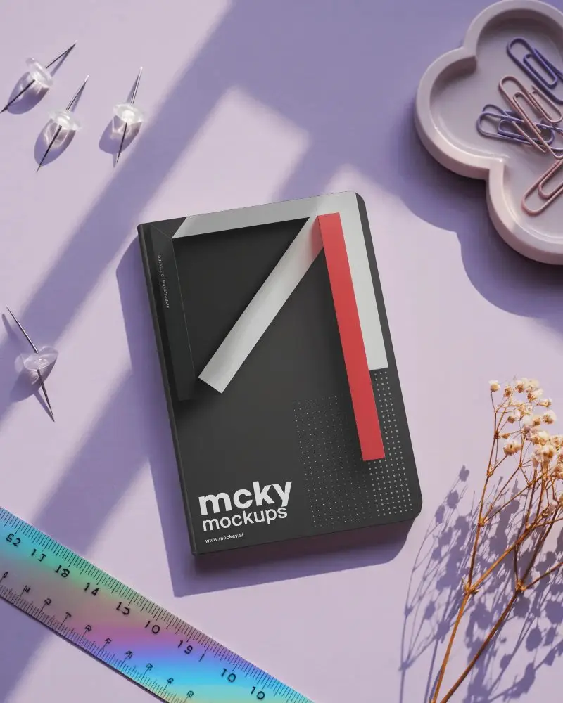Pastel Desk Notebook Mockup With Shadow Play And Cute Stationery Elements