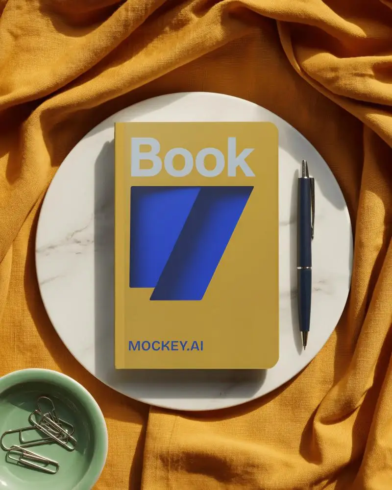 Elegant Notebook Mockup On Marble Plate With Golden Fabric And Navy Pen