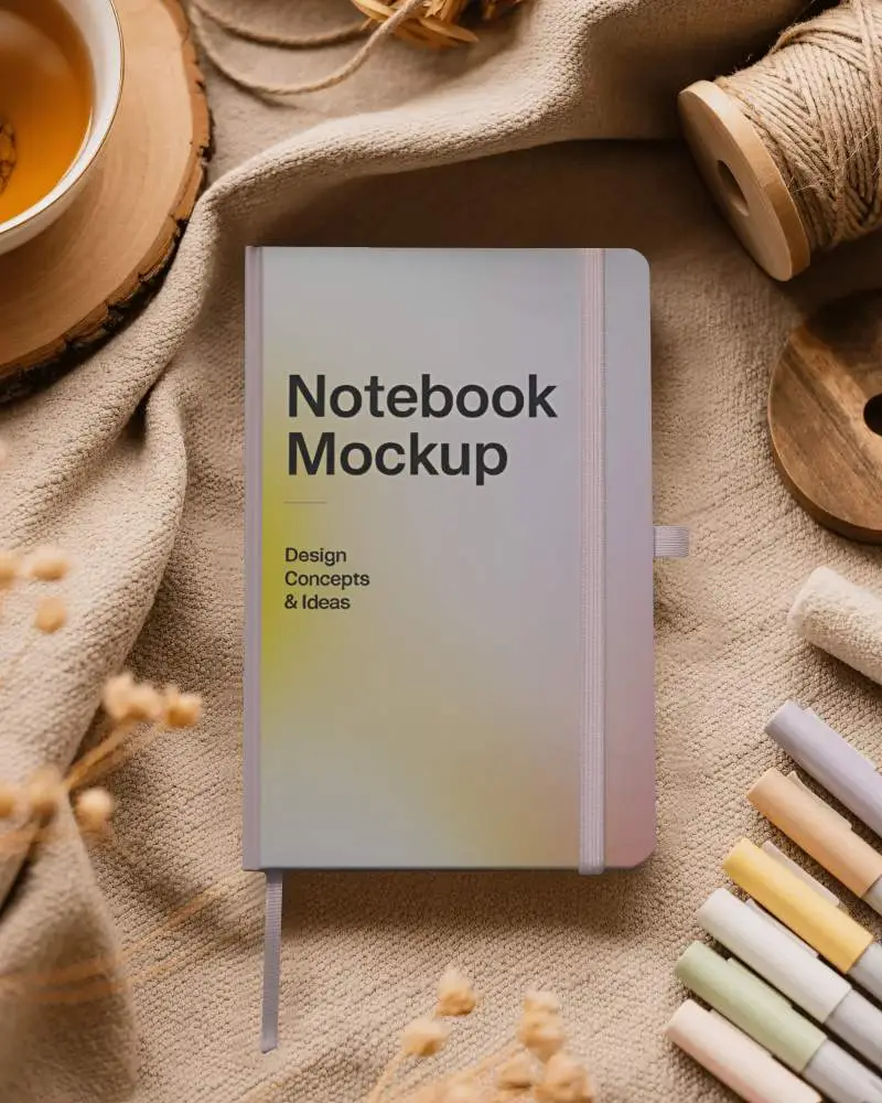 Cozy Crafting Notebook Mockup With Twine Tea And Soft Neutral Textures