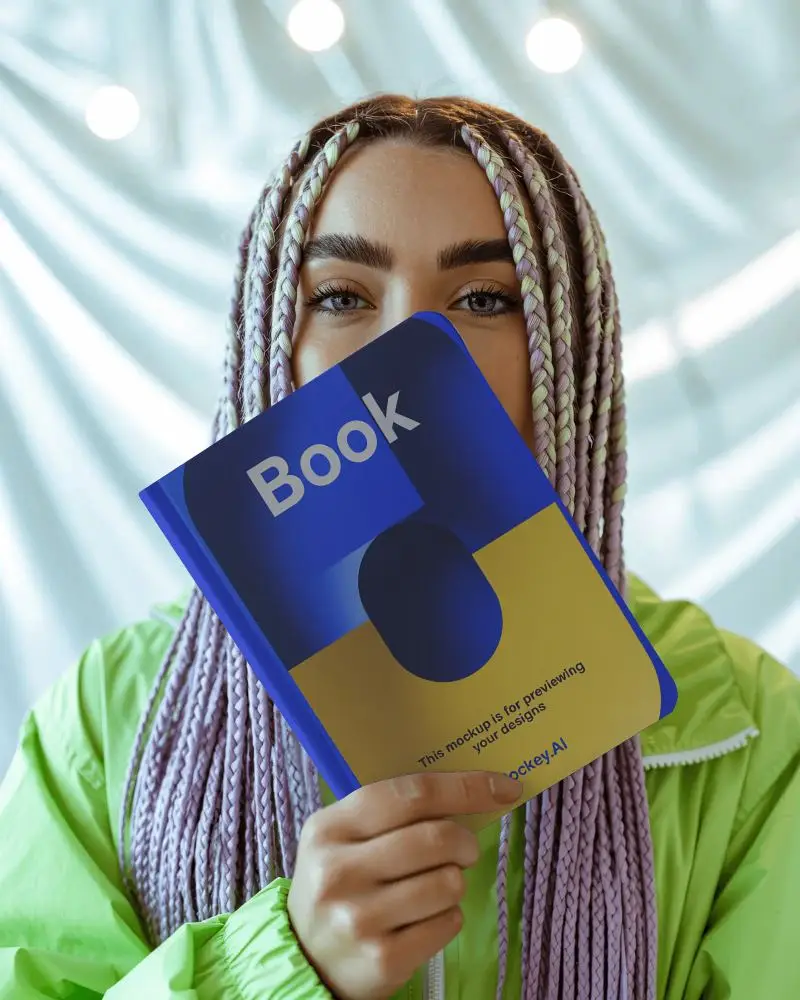 Trendy Notebook Mockup Held By Model With Purple Braids And Soft Studio Lights