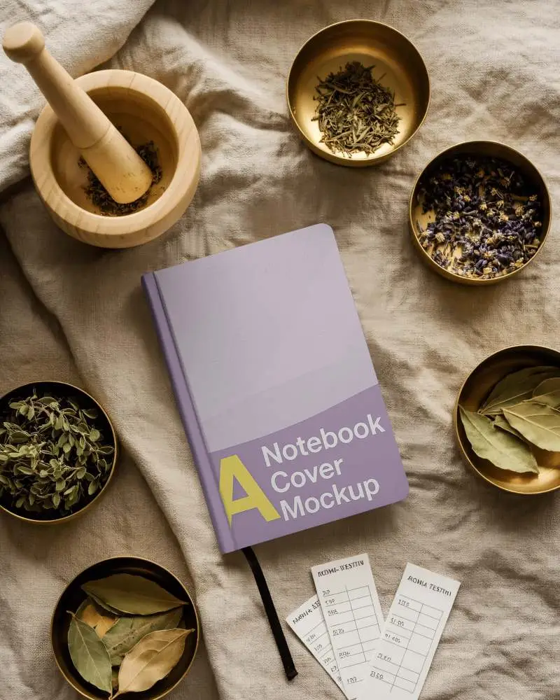 Herbal Apothecary Notebook Mockup With Dried Leaves And Mortar On Neutral Linen