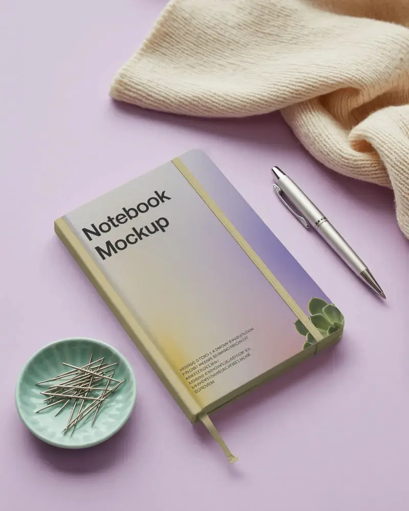 Soft Pastel Notebook Mockup With Cozy Knit Fabric And Silver Pen On Lilac Surface