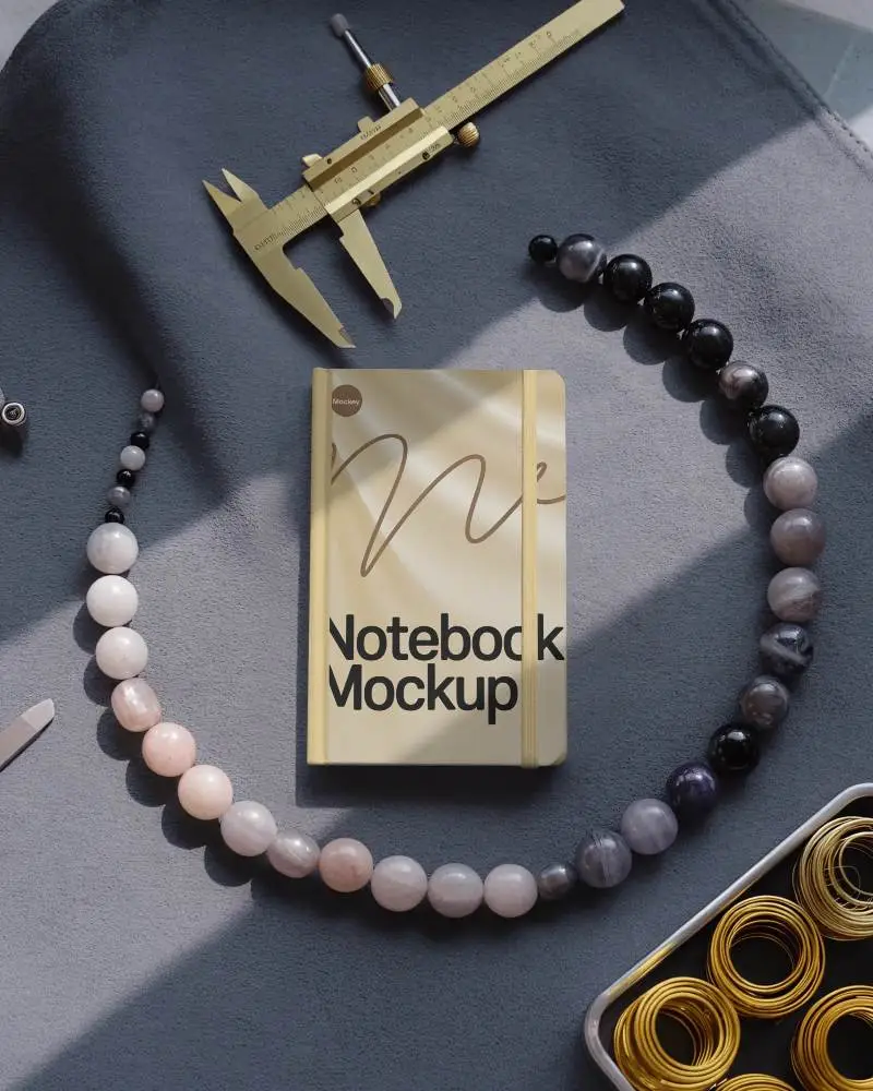 Artisan Beading Notebook Mockup With Measuring Tool And Gemstone Beads