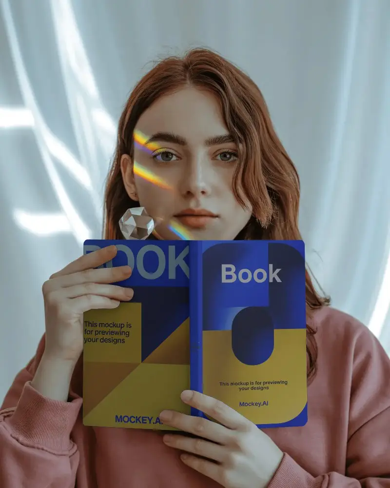 Artistic Notebook Mockup Held By Model With Rainbow Reflection And Geometric Crystal