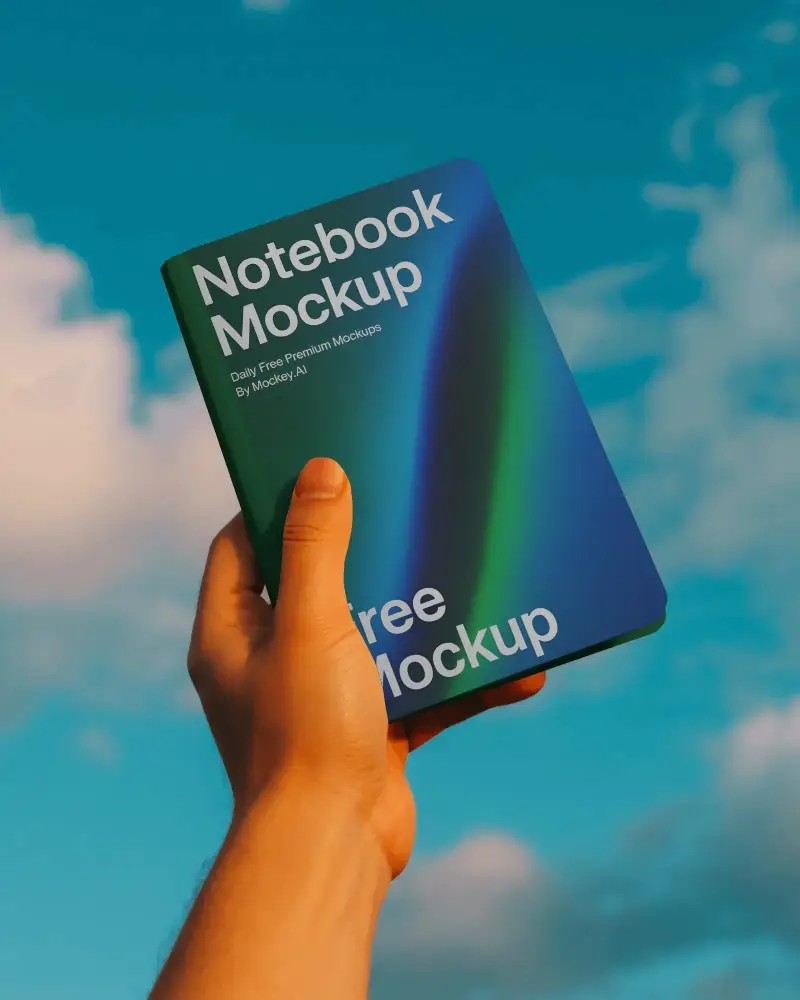 Bright Sky Notebook Mockup Held Up Against Clouds In Warm Sunset Light