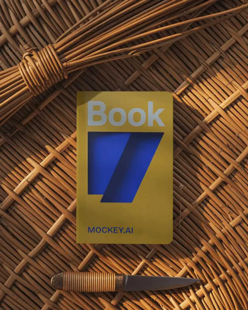 Rustic Wicker Notebook Mockup With Handcrafted Basket Texture And Wooden Knife