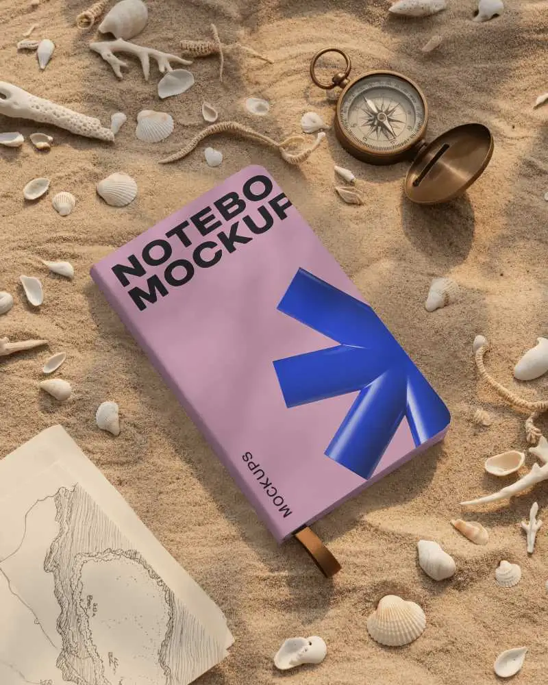 Coastal Adventure Notebook Mockup With Shells Map And Compass On Warm Sand