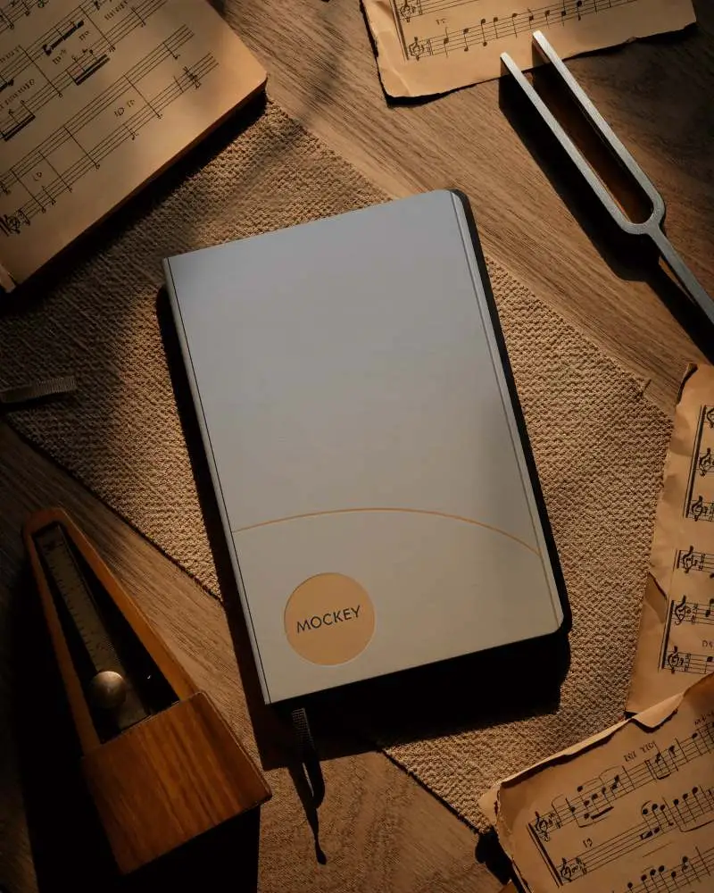 Vintage Music Notebook Mockup With Sheet Music And Wooden Metronome