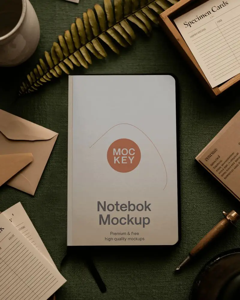 Botanical Desk Notebook Mockup With Specimen Cards And Natural Fern Leaf