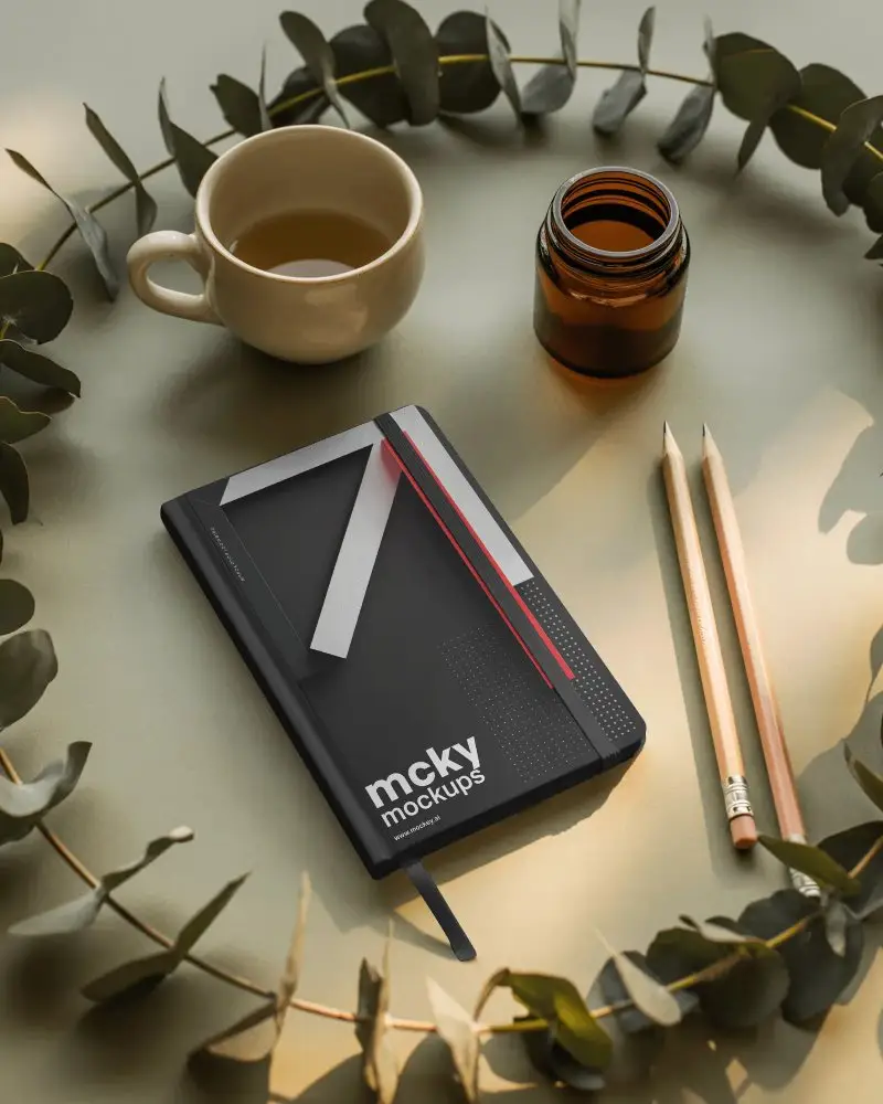 Calm Eucalyptus Notebook Mockup With Tea Cup Pencils And Soft Natural Light