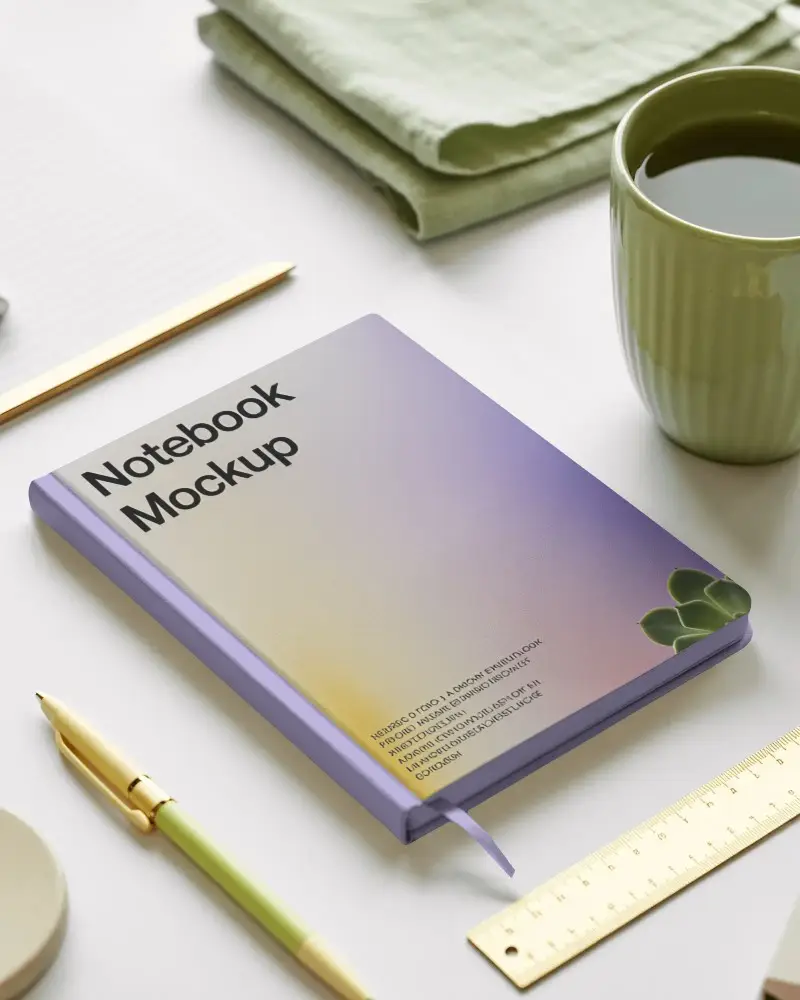 Fresh Desk Notebook Mockup With Soft Green Tones And Simple Stationery