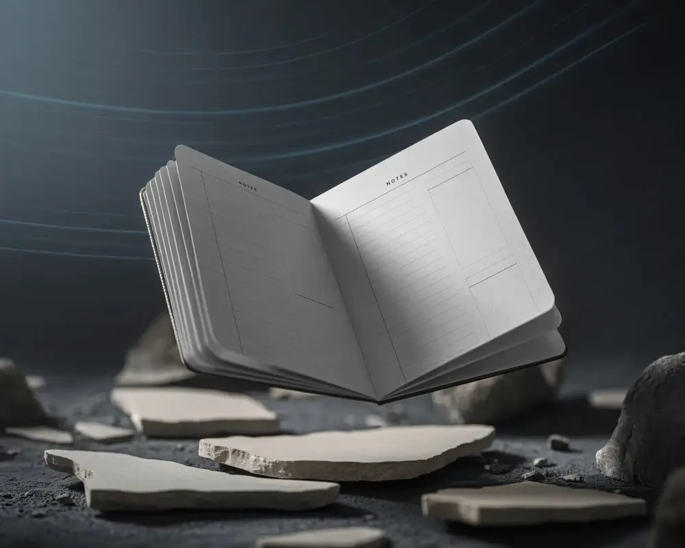 Open Notebook Mockup Floating Above Rough Stone Textured Ground Background