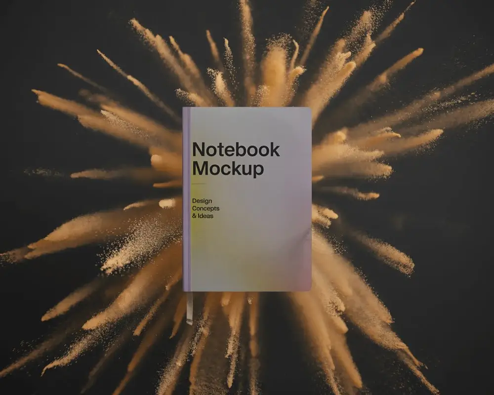 Hardcover Notebook Mockup Floating Against Explosive Dust Background For Design Presentation