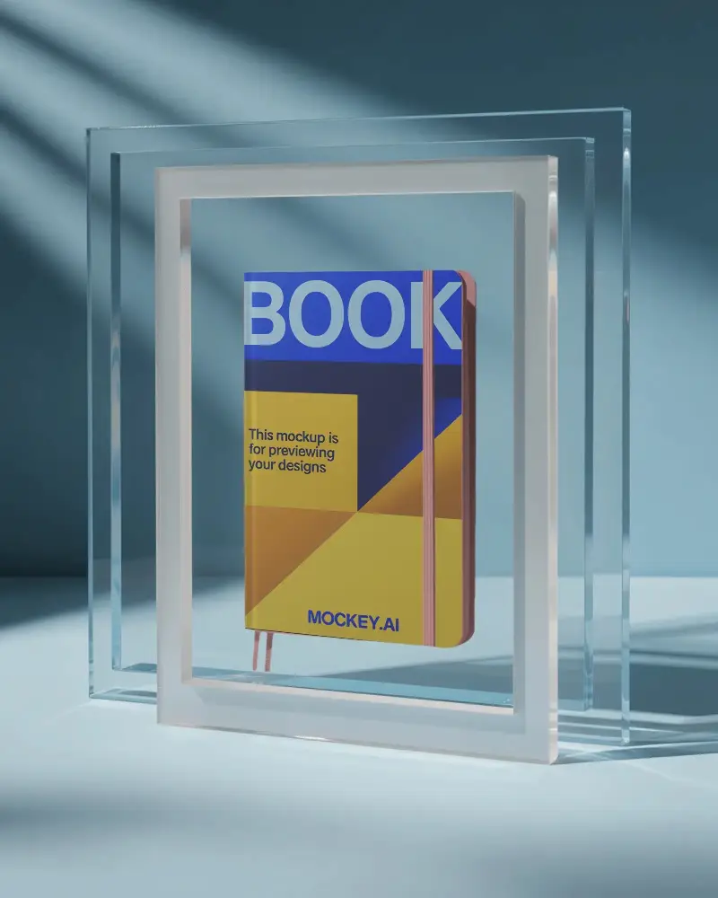 Premium Hardcover Notebook Mockup Floating In Transparent Framed Creative Stationery Design