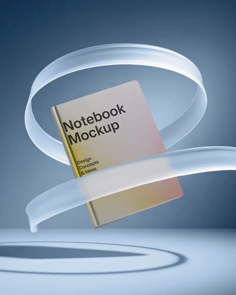 Realistic Notebook Mockup With Studio Lighting Floating Amid Transparent Ribbon Design Elements