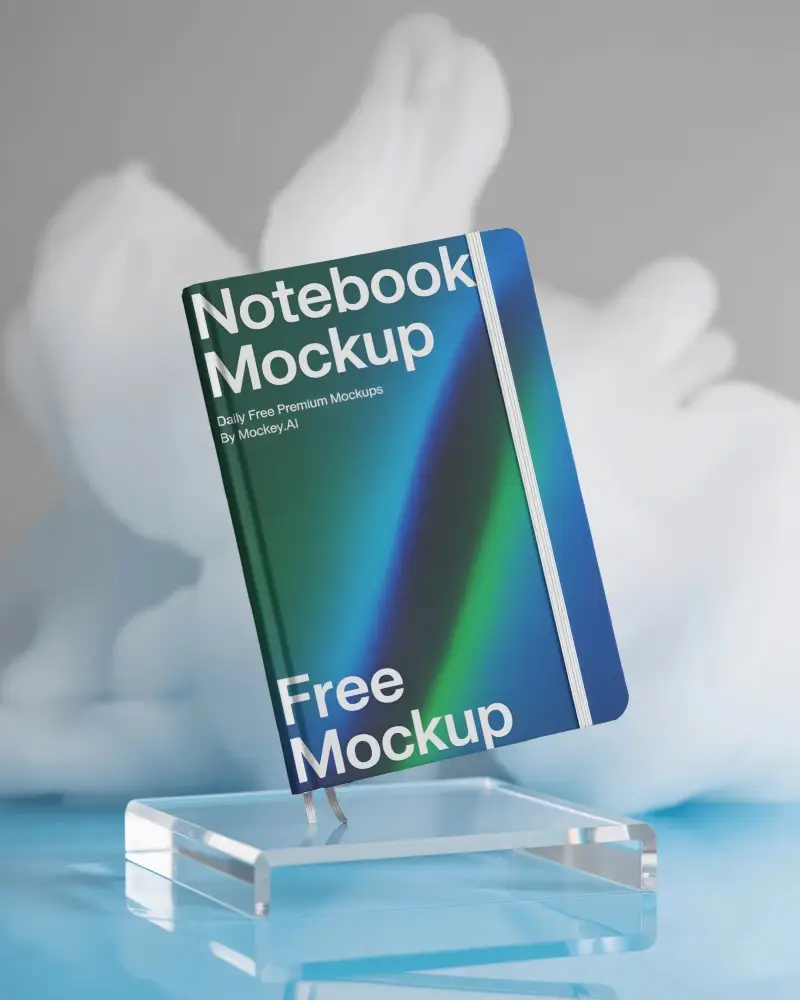 Hardcover Notebook Mockup Floating On Transparent Stand With Soft Blurred Background For Design
