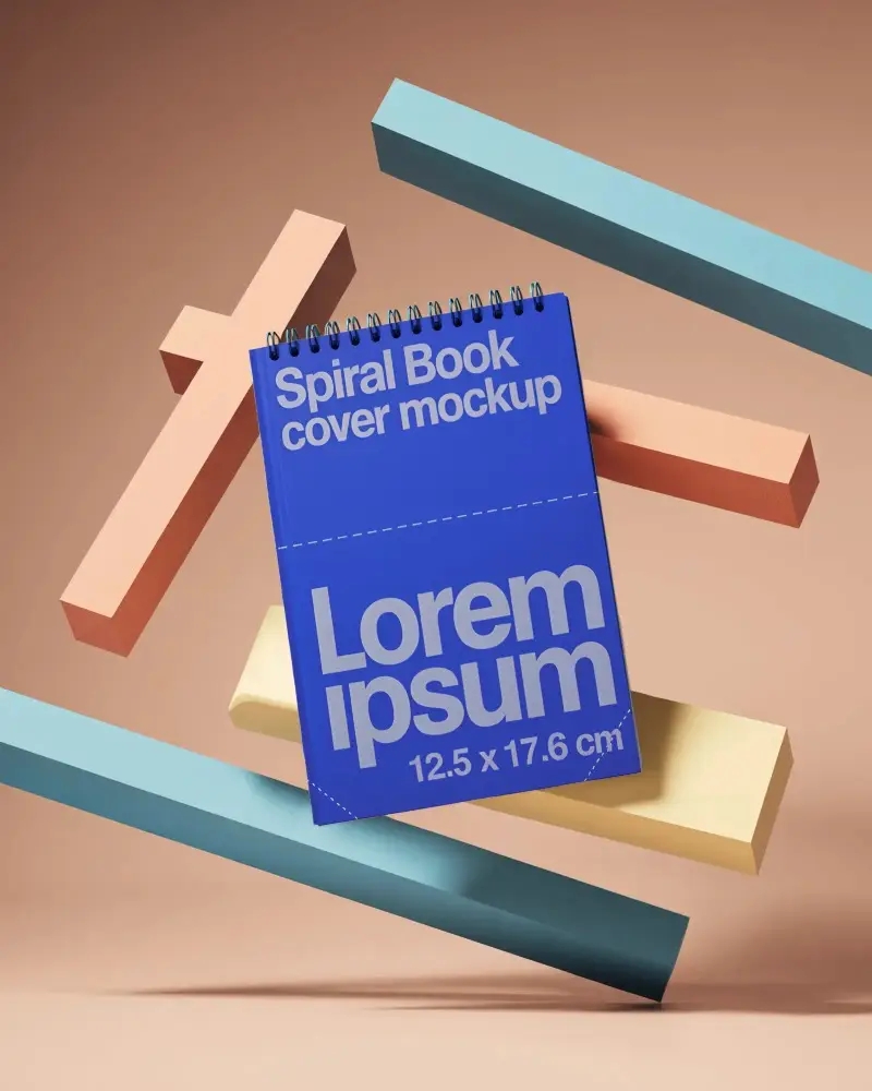 Blank Spiral Notebook Mockup With Floating 3d Geometric Elements For Presentation Or Showcase