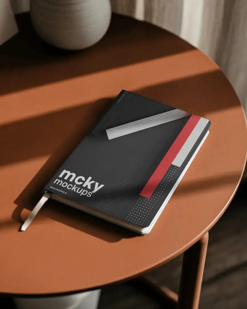 Sleek Closed Notebook Mockup Displayed On Minimalist Circular Table Under Natural Light