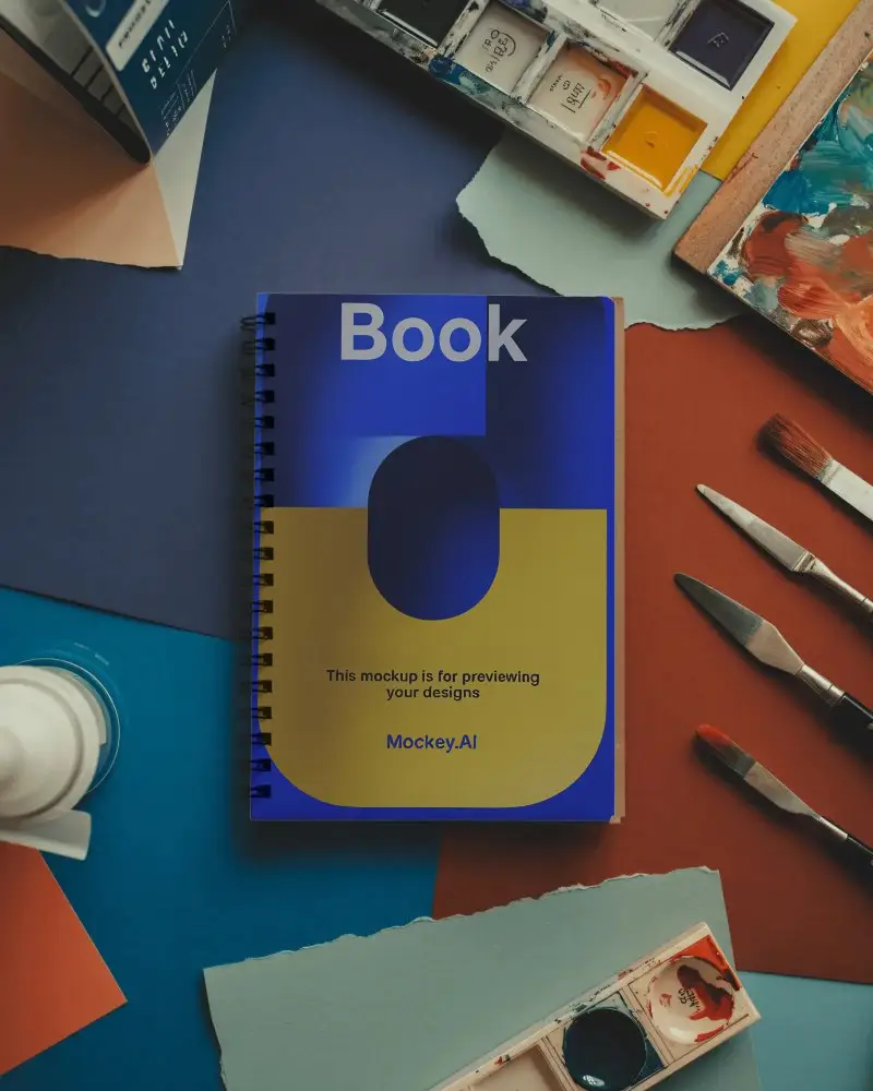 Closed Coil Notebook Mockup Surrounded By Painting Tools And Torn Blue And Orange Paper Setup