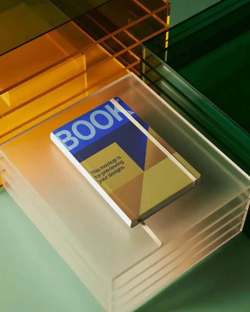 Stylish Hardcover Notebook Mockup On Transparent Layered Acrylic Surface For Design Presentation