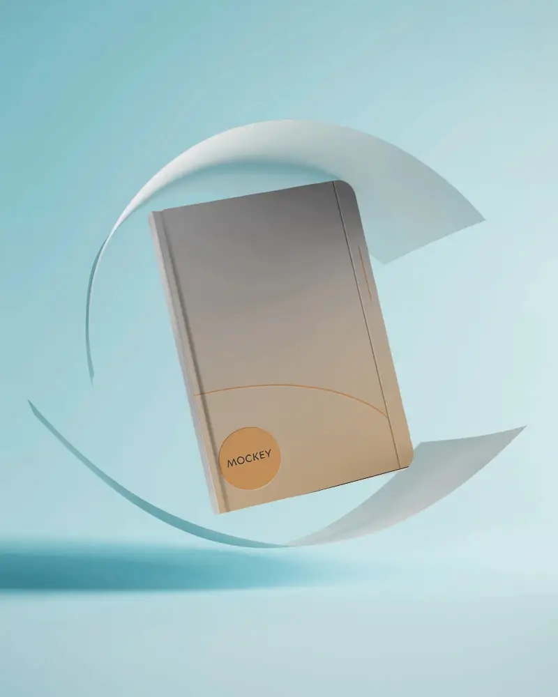 Minimalistic Floating Notebook Desktop Mockup With Curved Transparent Decor Element Studio