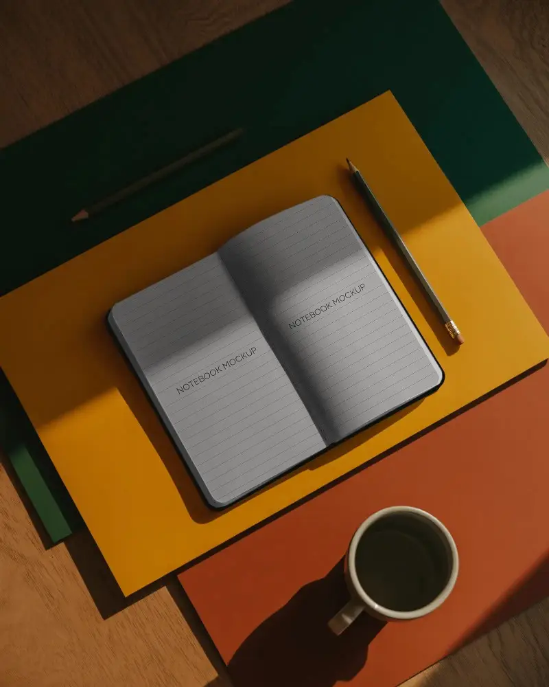 Minimalistic Notebook Mockup With Pencil And Coffee Cup For Modern Stationery Designs