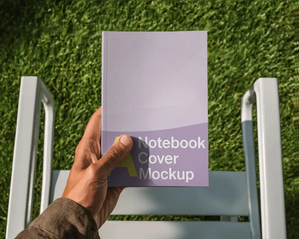 Closeup Flat Lay Notebook Mockup In Hand Outdoor Realistic Stationery Mockup Template