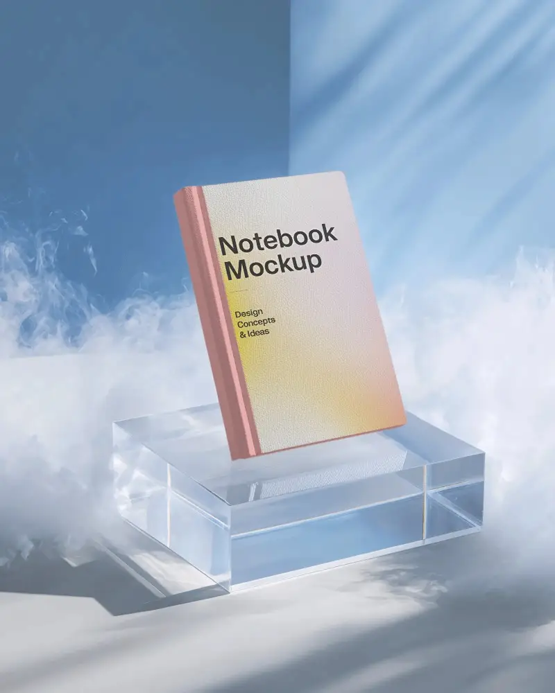 Elegant Notebook Mockup Standing Upright On Glass Platform With Diffused Sunlight And Fog