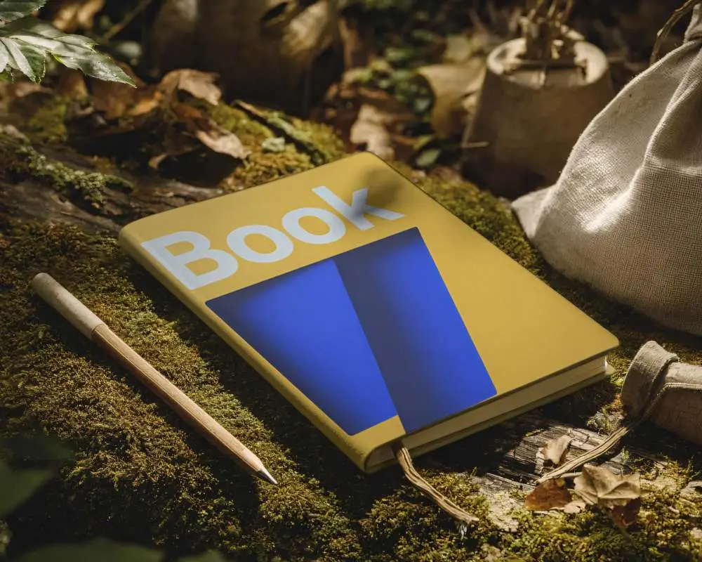 Natural Outdoor Notebook Mockup With Wooden Pencil And Rustic Textures For Design Showcase