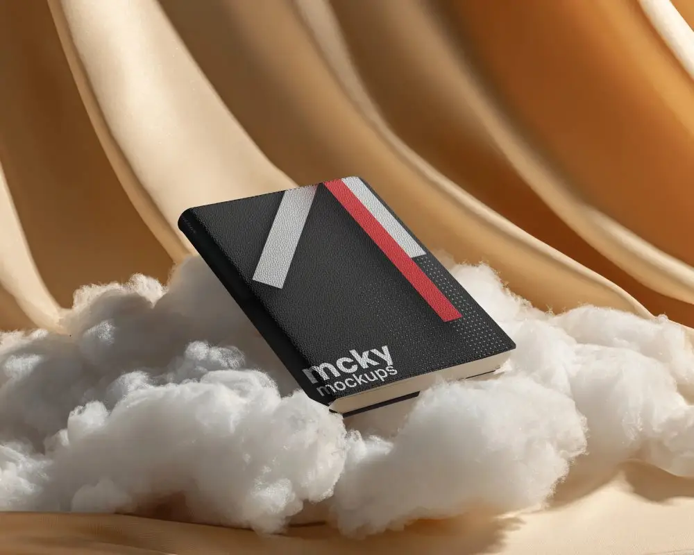 Realistic Notebook Mockup Set On Fluffy Clouds With Luxury Textured Cover Design