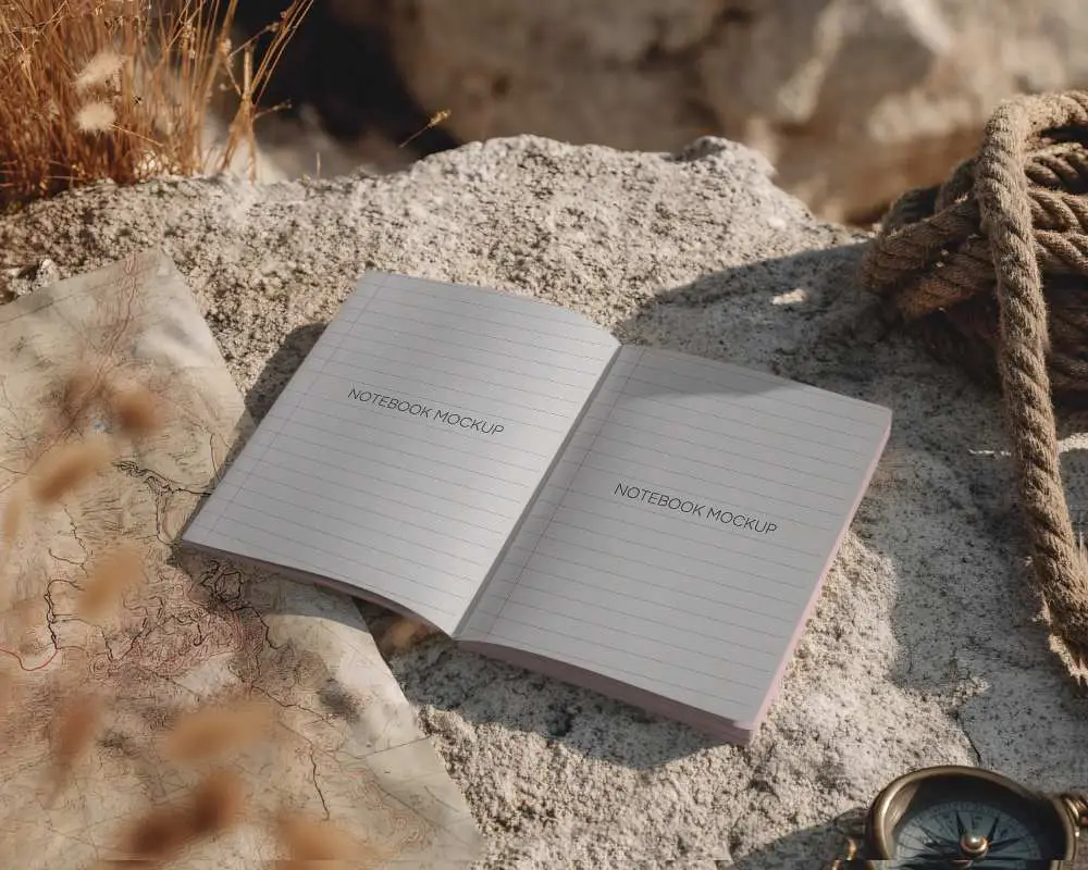 Travel Notebook Mockup Open Blank Inside Placed On Stone With Map Rope And Accessories