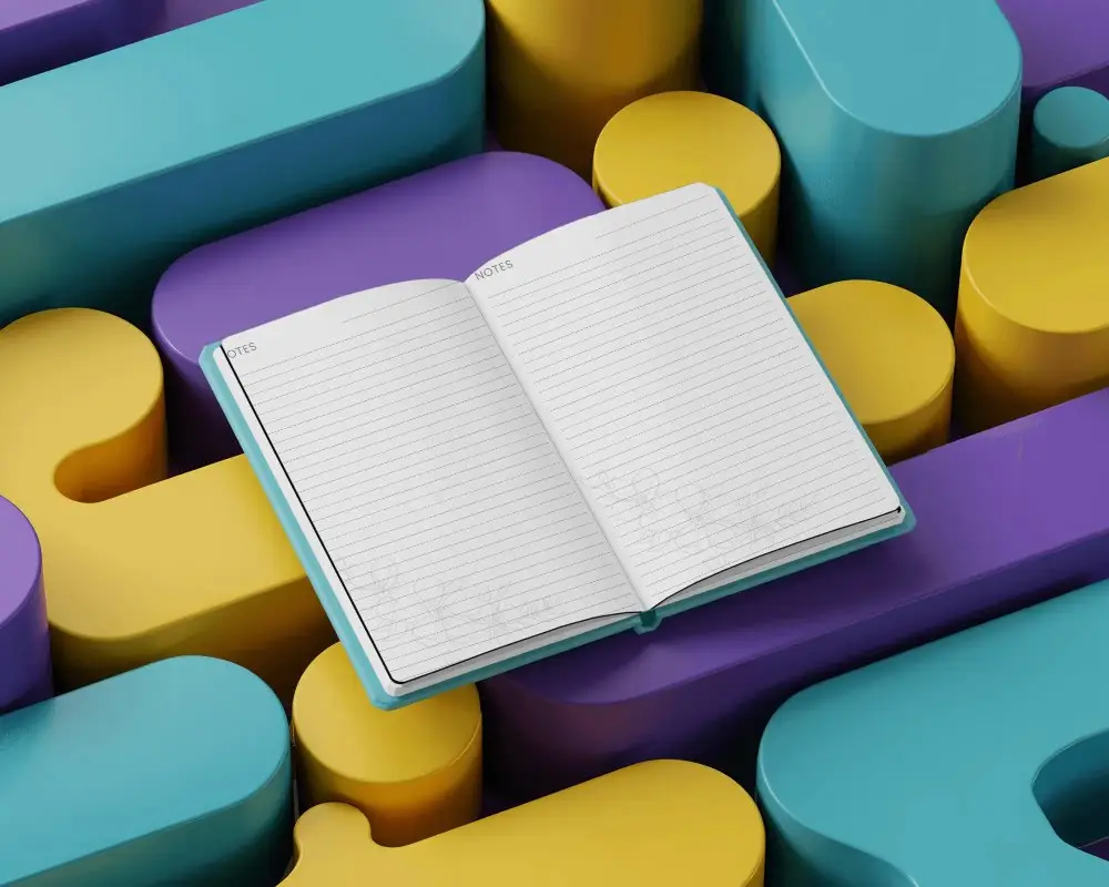 Minimalist Notebook Mockup With Empty Pages On Soft Rounded Blocks Background