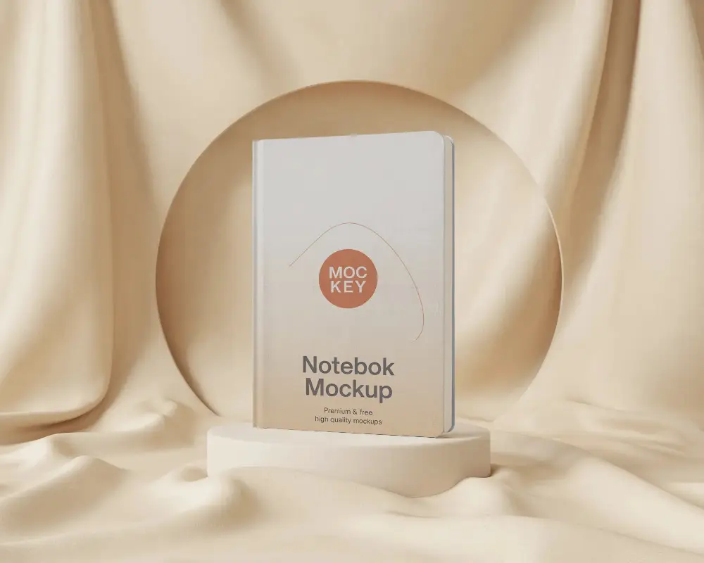 Elegant Standing Notebook Mockup On Fabric Background For Portfolios And Designs