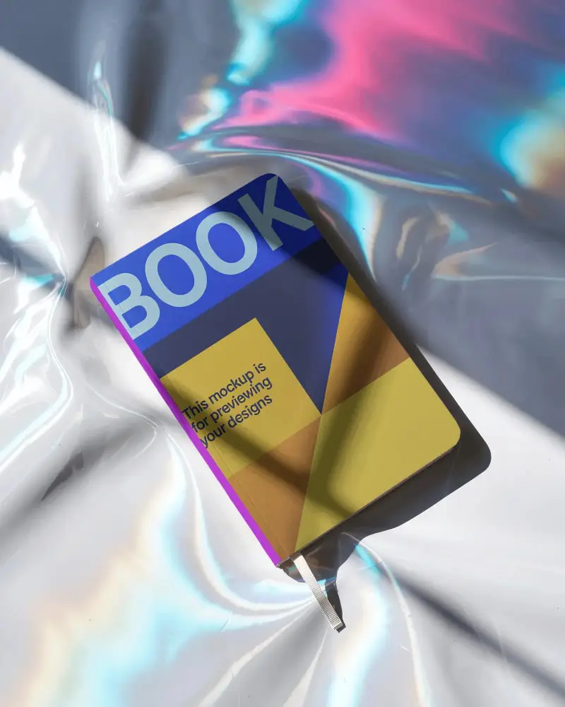 Closed Notebook Mockup With Ribbon Marker On Reflective Iridescent Background For Design