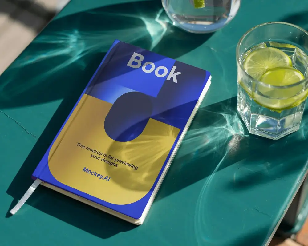 Premium Hardcover Notebook Mockup Outdoor Table With Natural Light And Refreshing Beverage