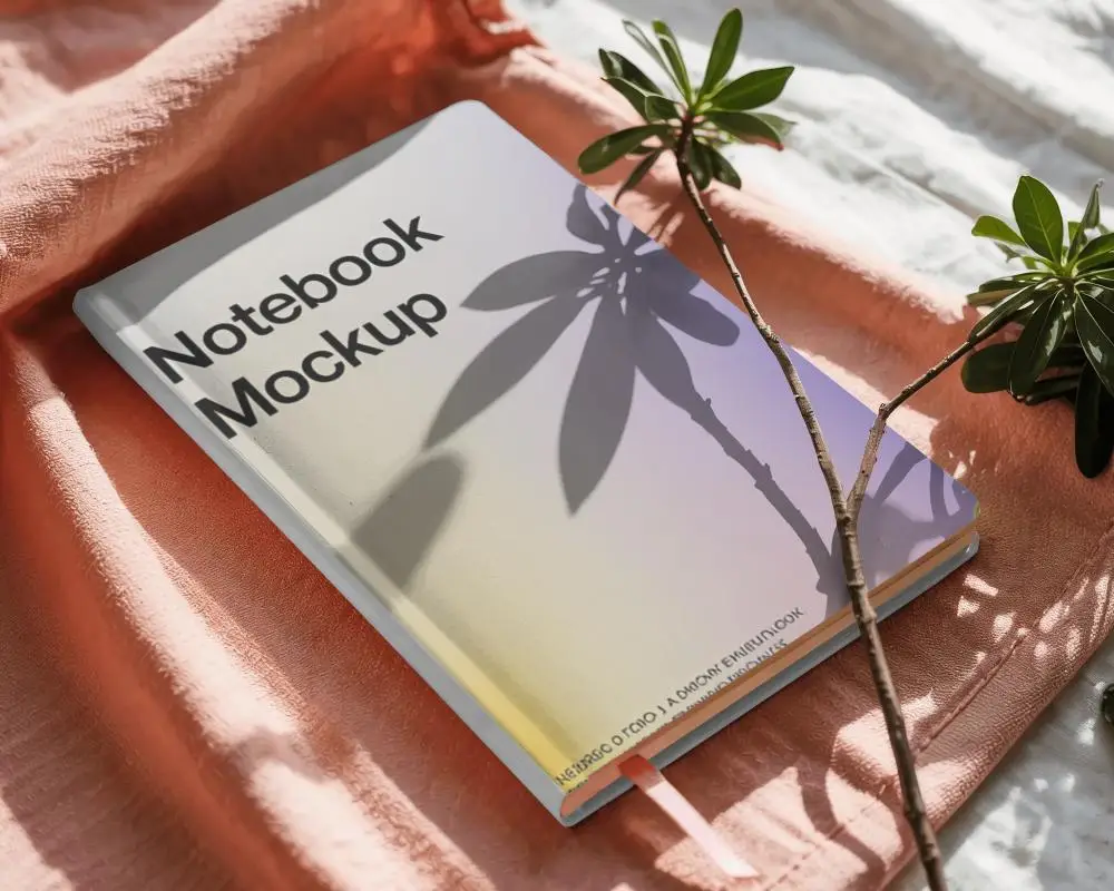 Elegant Notebook Mockup Featuring Minimalist Design With Plant Shadow On Soft Textile Background