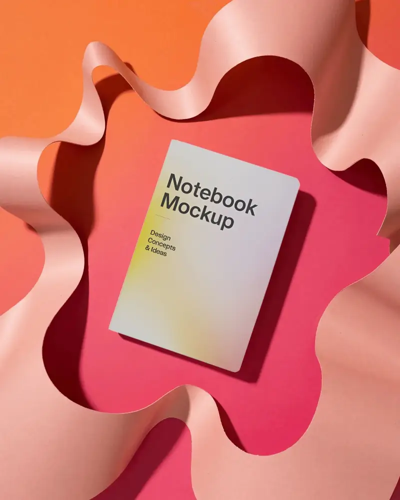 Creative Notebook Mockup With Abstract Curved Paper Cutout On Gradient Background Layout
