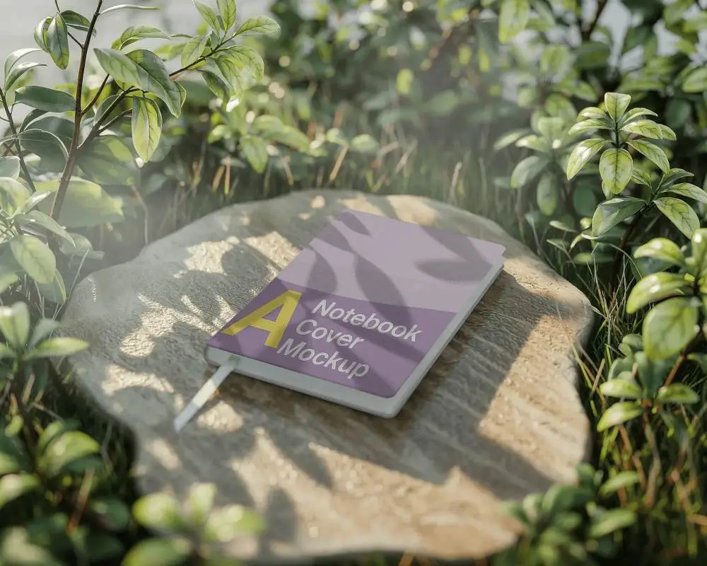 Outdoor Notebook Mockup Sitting On Natural Rock In Surrounding Greenery Background