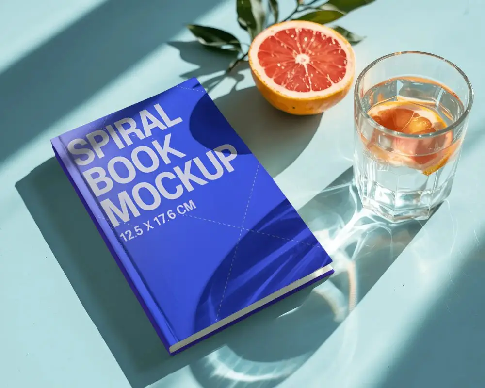 Stylish Hardcover Notebook Mockup With Natural Light And Refreshing Fruit On Tabletop