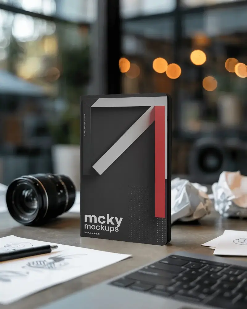 elegant-notebook-mockup-on-desk-with-pen-sketches-and-camera-in-modern-studio