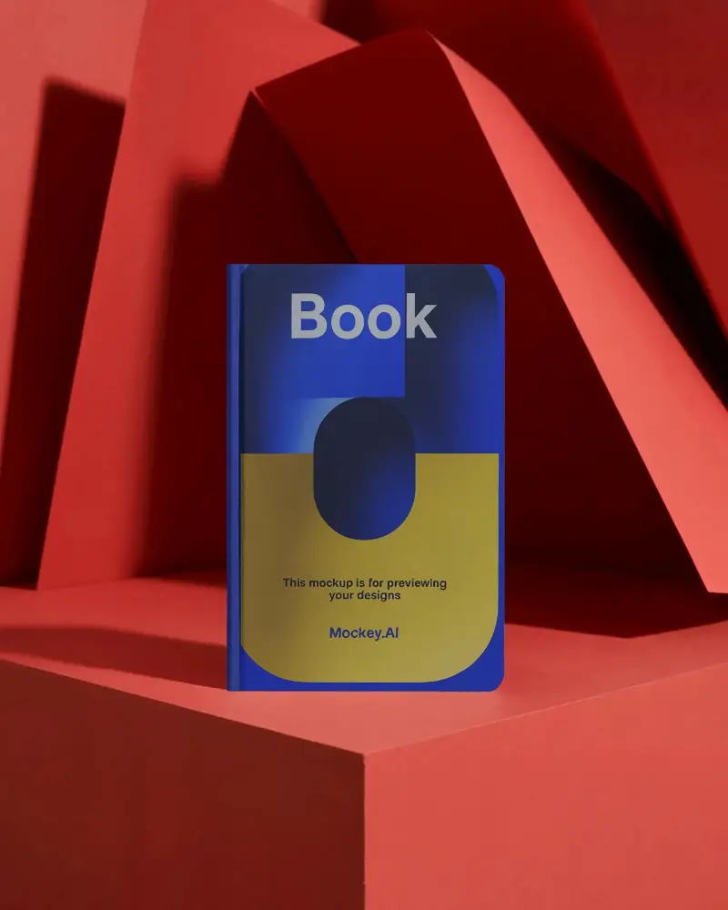 vertical-notebook-mockup-on-geometric-red-background-with-modern-artistic-folded-shapes